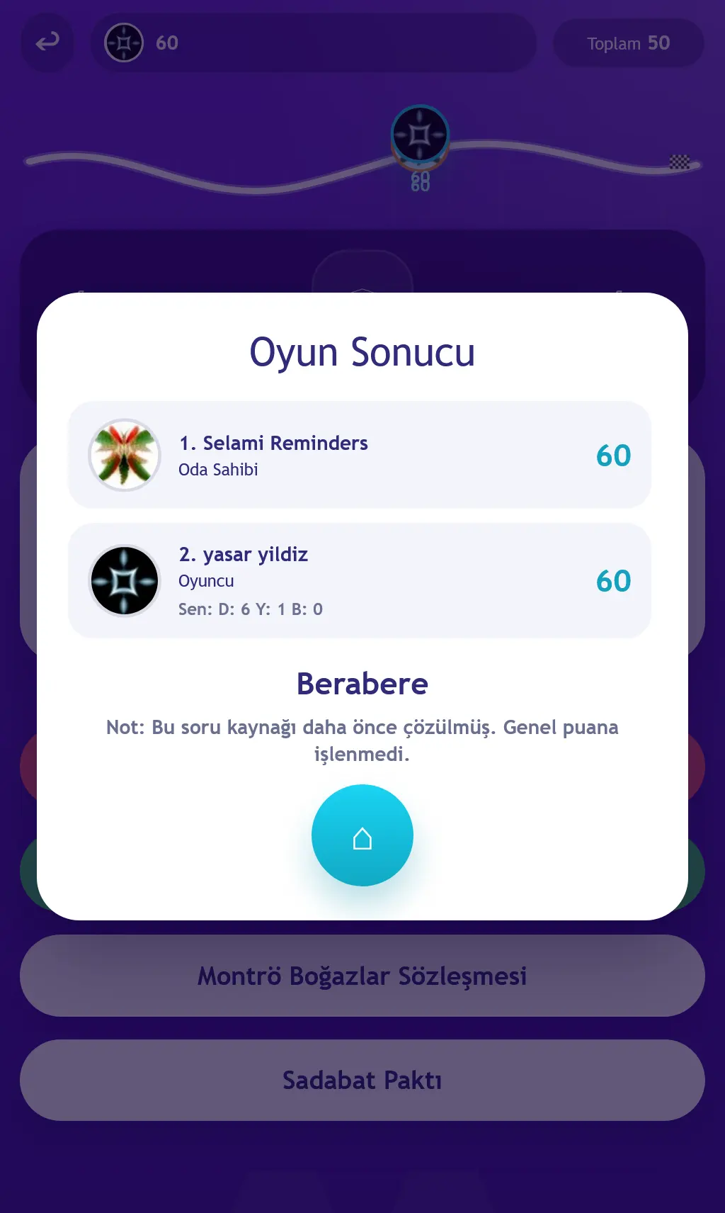 Oyun Sonucu Ekranı