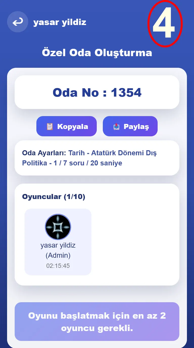 Oda oluşturulduktan sonra oda numarası ve oda sahibi