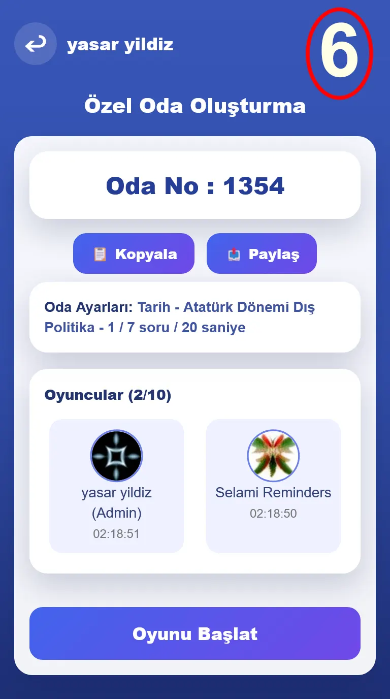İkinci oyuncu katılınca Oyunu Başlat butonunun aktif olması