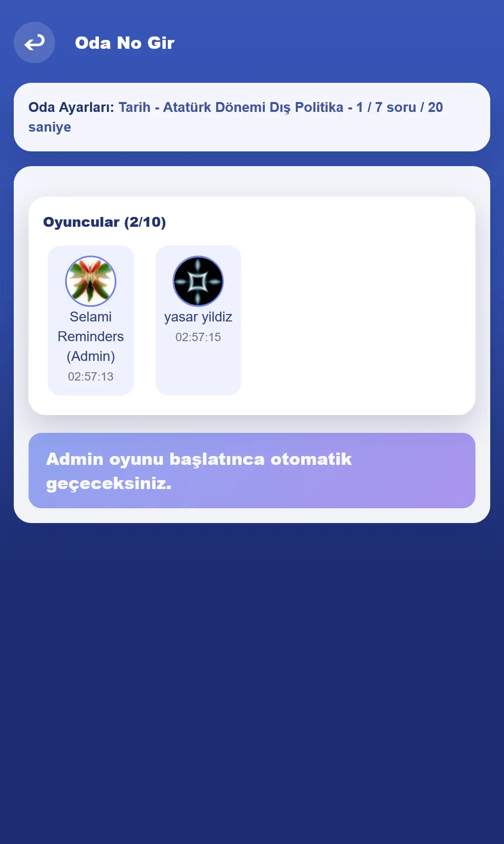 Lobi ekranında oyuncu listesi ve Oyunu Başlat butonu