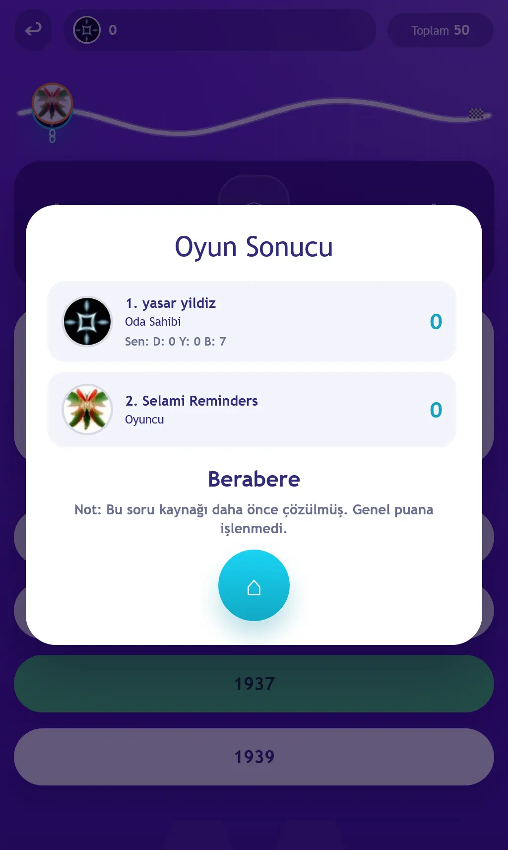 Çoklu oda oyun sonucu ekranı