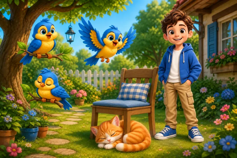 Küçük kuşun bahçedeki bir gününden karakterler