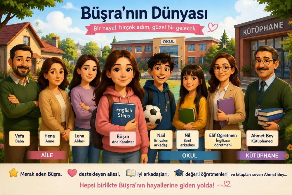 Büşra ve ailesi İngilizce hikayeleri karakterleri
