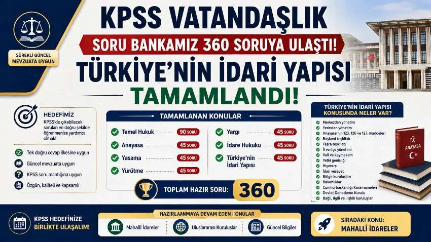 KPSS Vatandaşlık Soru Bankamız 360 Soruya Ulaştı:Türkiyenin İdari Yapısı Tamamlandı